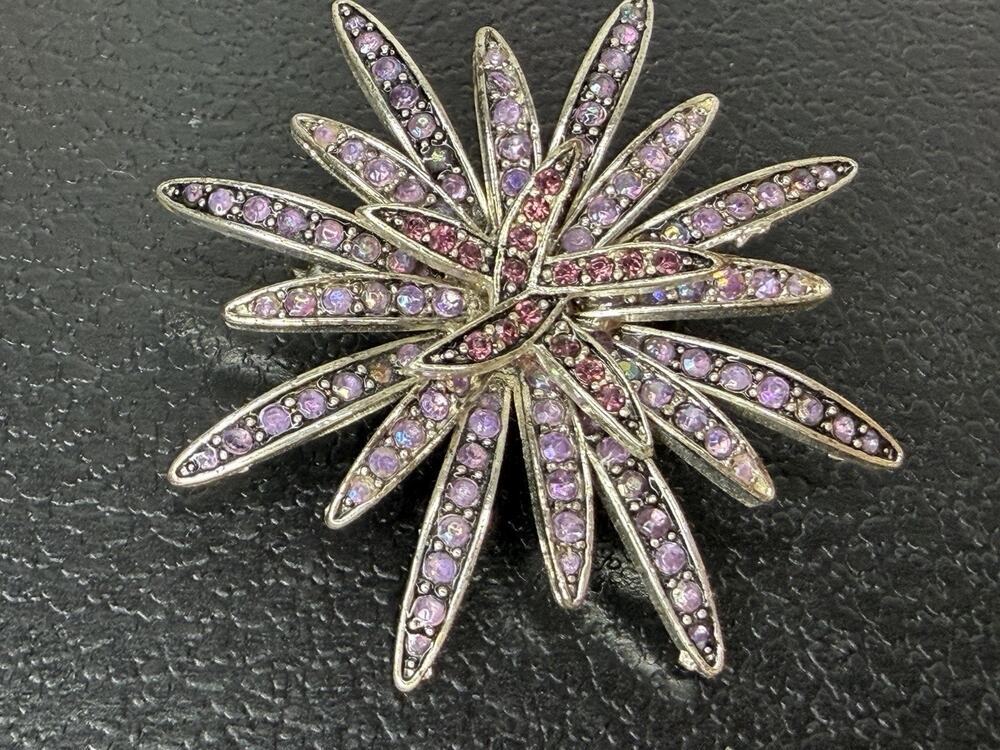 Vintage Purple Pink Rhinestone Silvertone Starburst Glam Floral Brooch Pin
